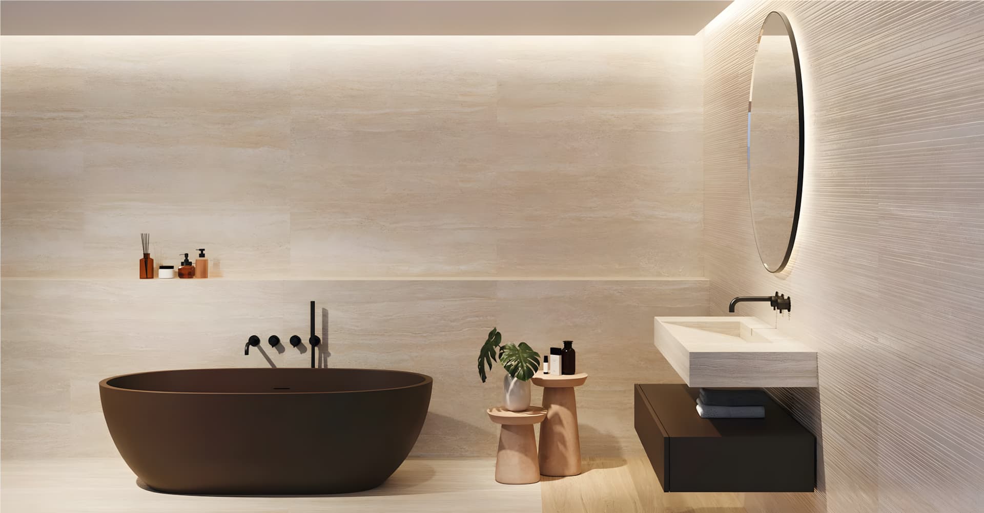 Salle de bains avec des carreaux de grès cérame sur le sol.