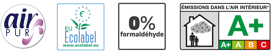 Logo air pur, Ecolabel, 0% formaldéhyde, émission dans l'air intérieur A+